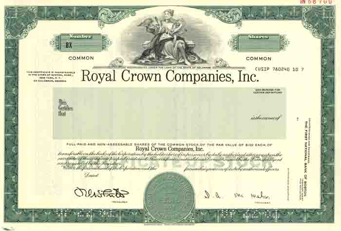 Royal Crown Companies, Inc - Specimen Stock Certificate